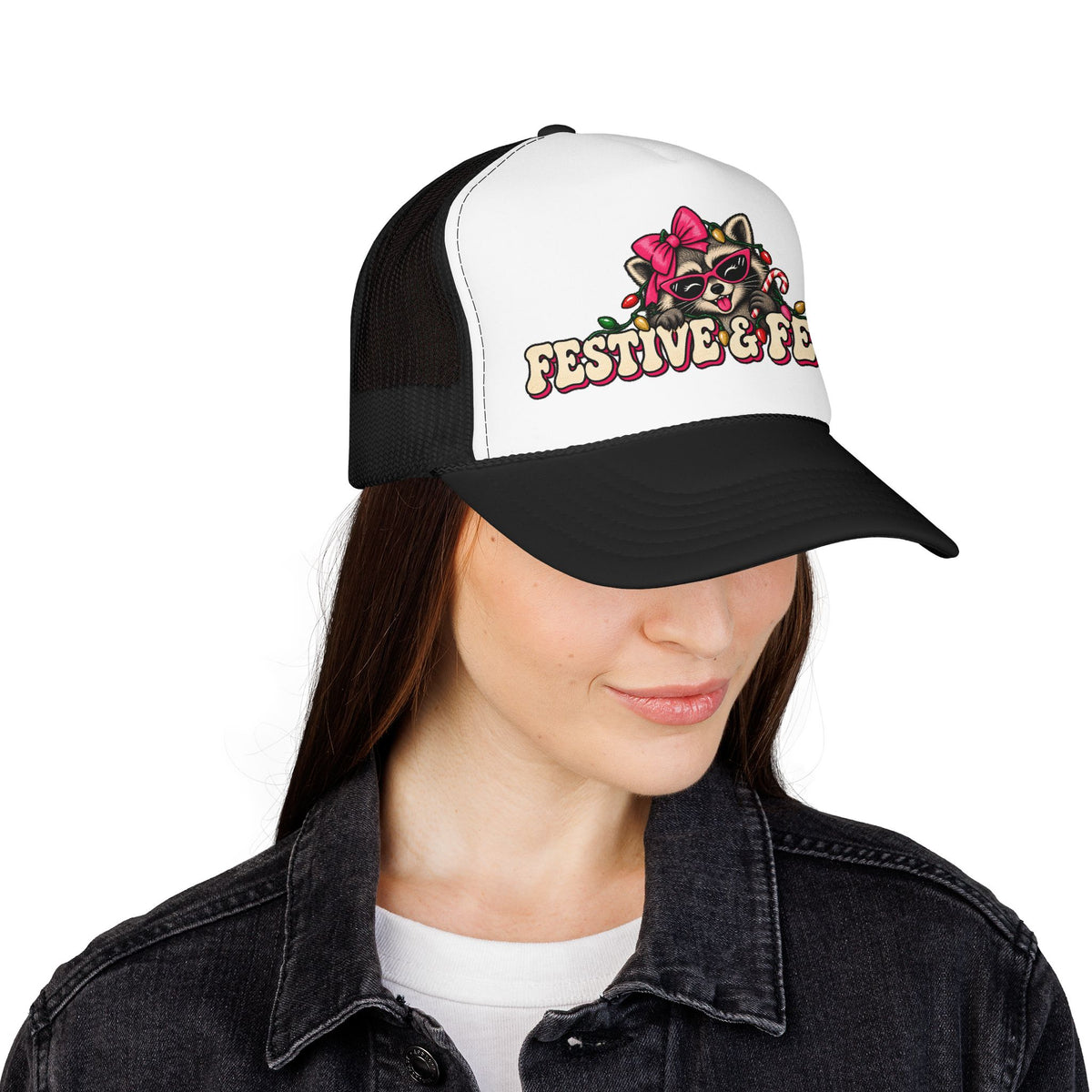 "Festive & Feral" Raccoon Holiday Foam Trucker Hat