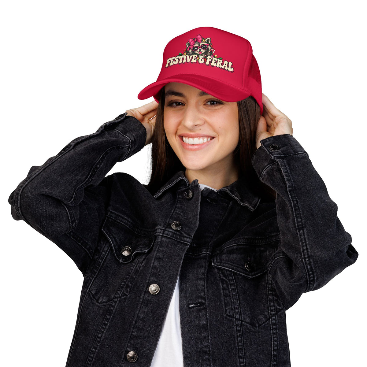 "Festive & Feral" Raccoon Holiday Foam Trucker Hat