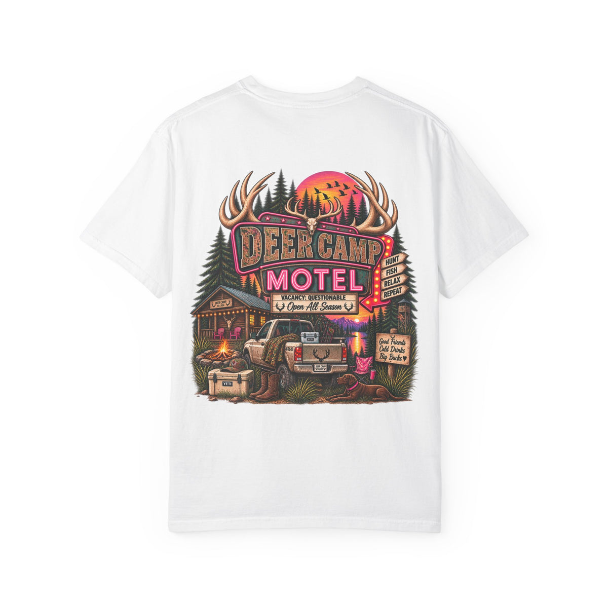 Welcome to the Deer Camp Motel — Vacancy: Questionable. 🦌🌲