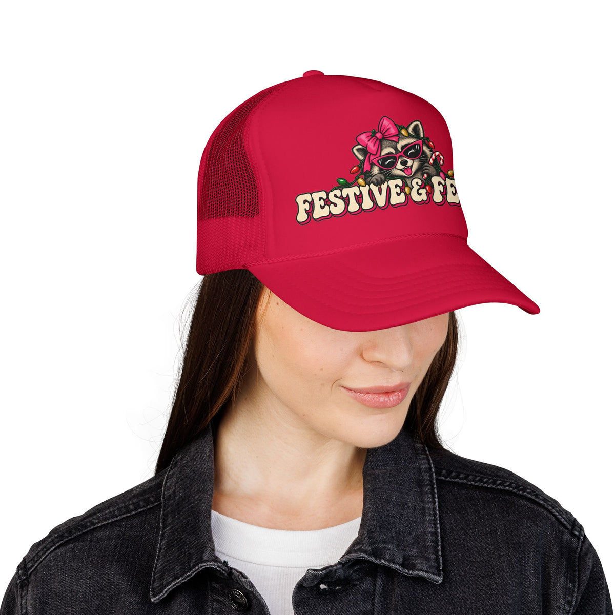 "Festive & Feral" Raccoon Holiday Foam Trucker Hat
