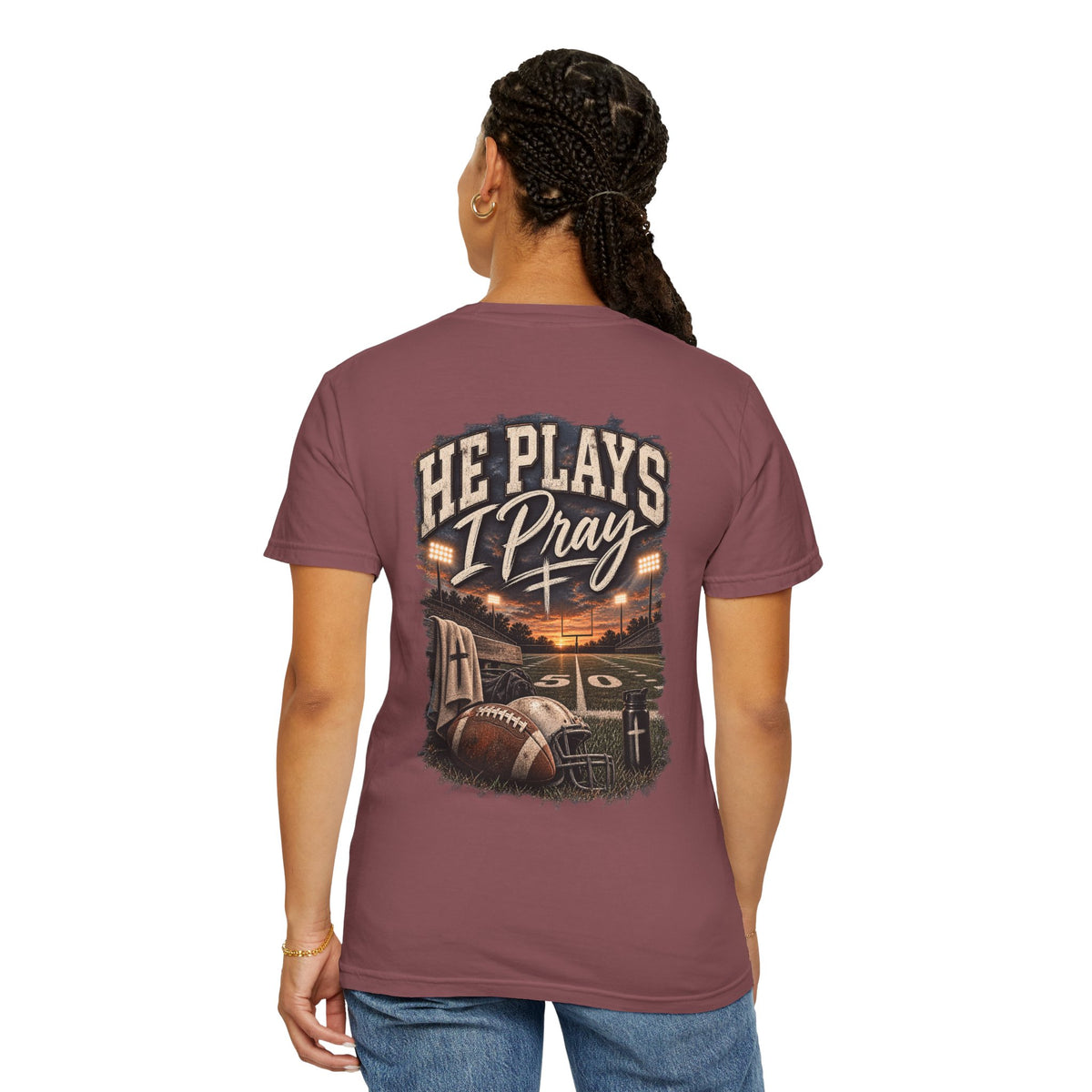 He Plays, I Pray Vintage Football Mom Tee