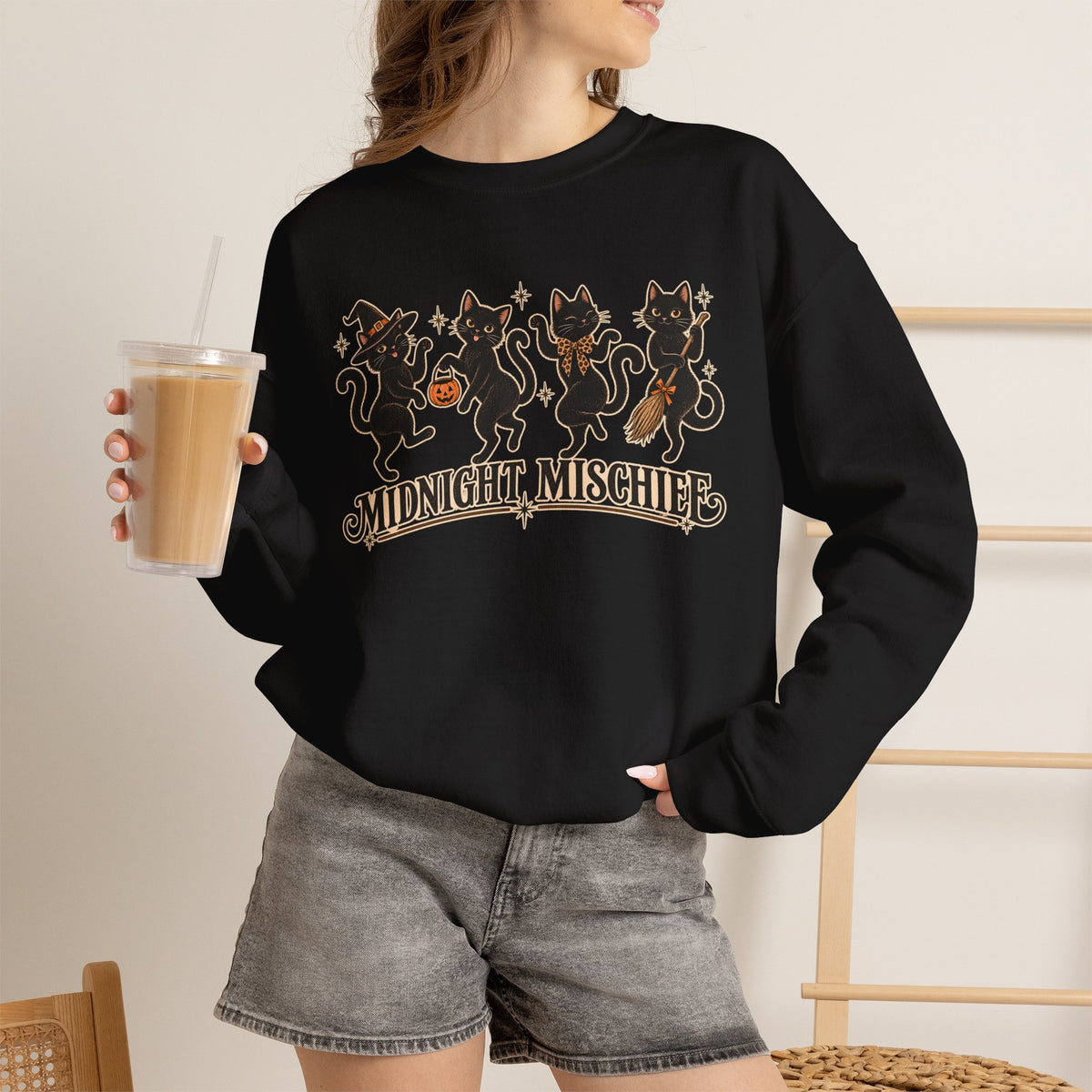 Midnight Mischief Dancing Cats Halloween Crewneck