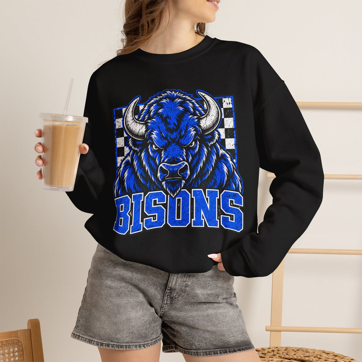 Vintage Bisons Checkerboard Crewneck Sweatshirt